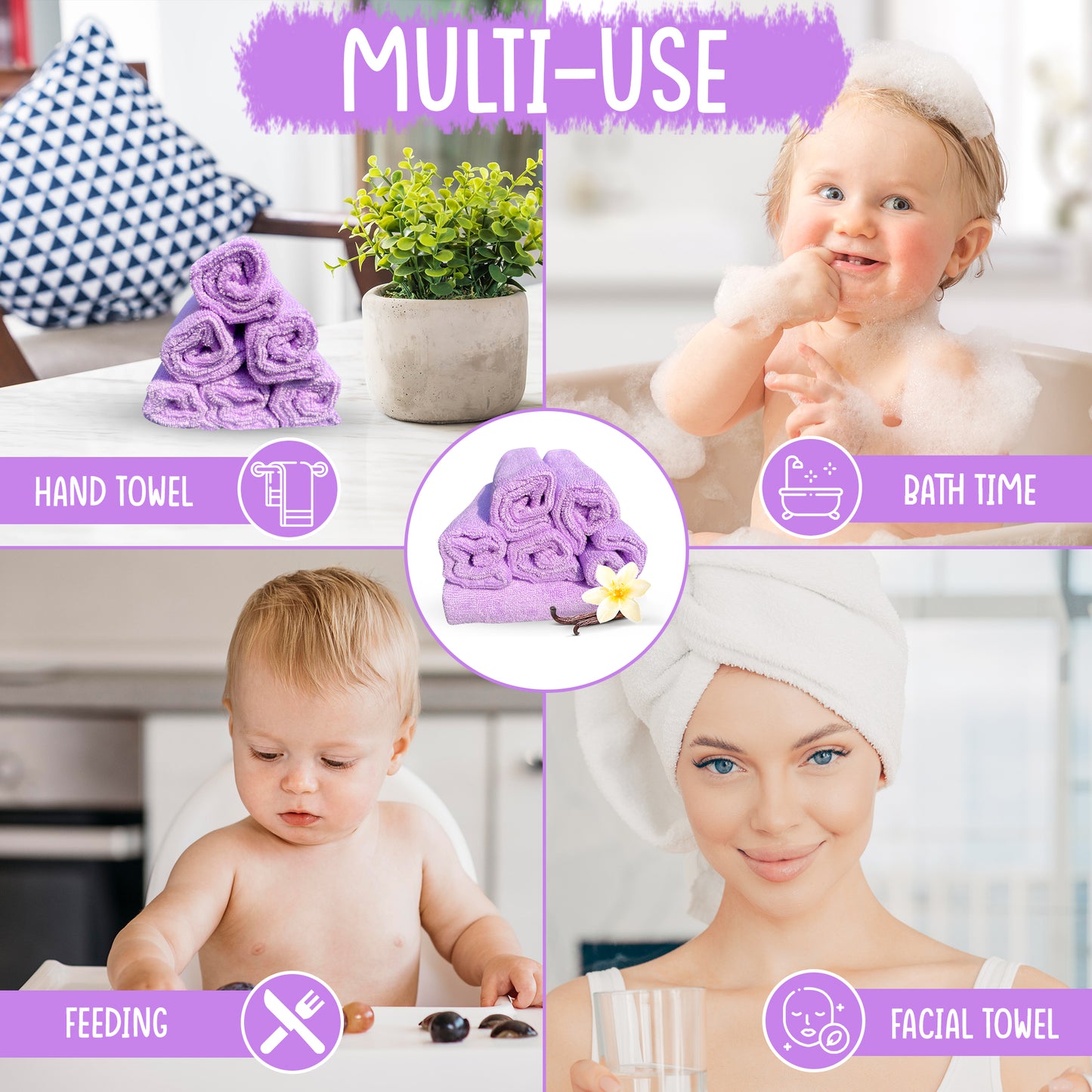 6 Premium Purple Bamboo Wash Cloths for Babies & Adults