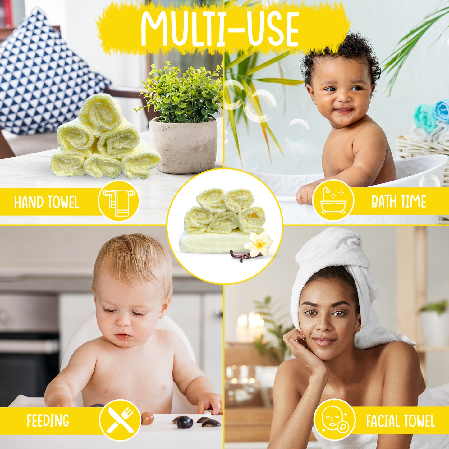 6 Premium Canary Yellow Bamboo Wash Cloths for Babies & Adults