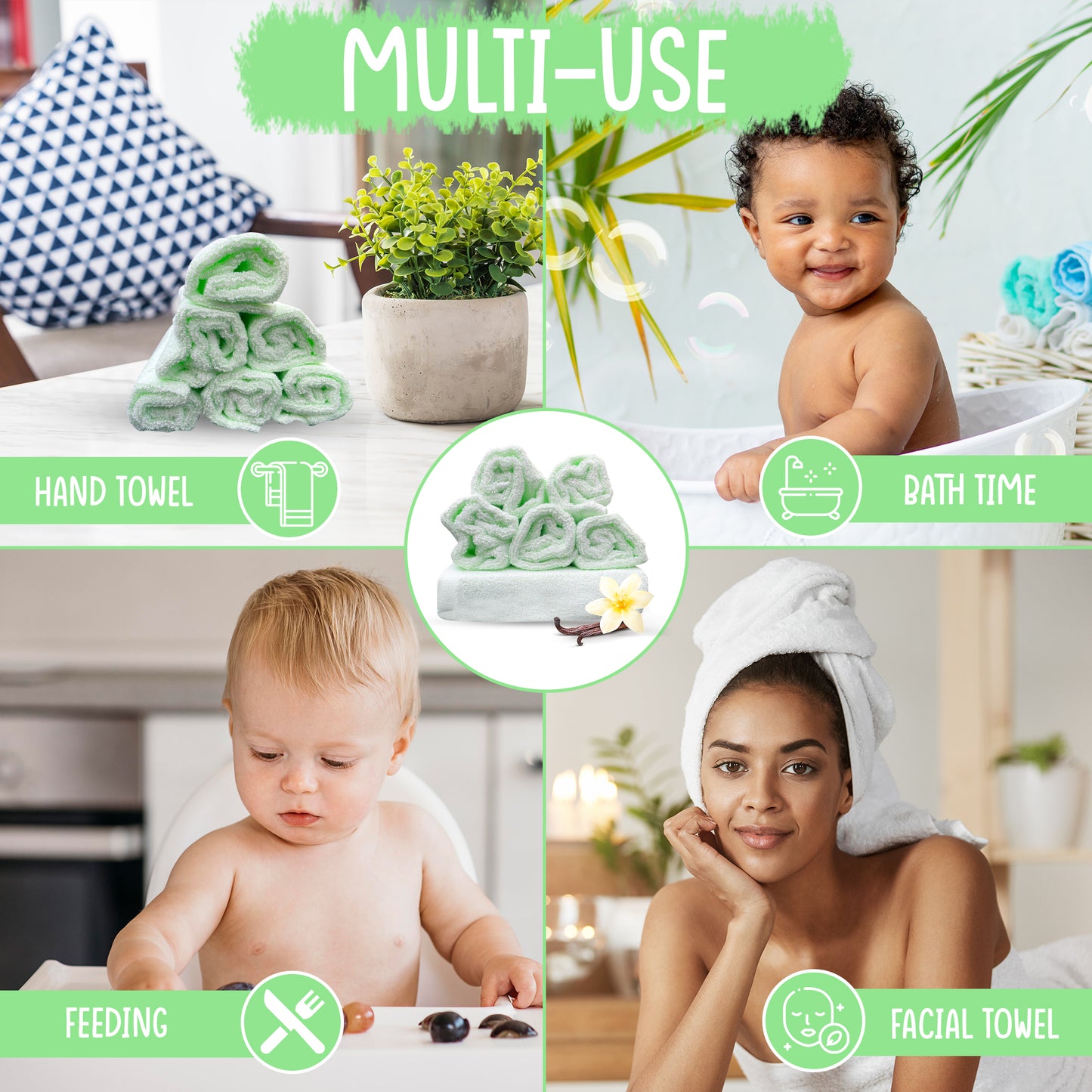 6 Premium Light Green Bamboo Wash Cloths for Babies & Adults