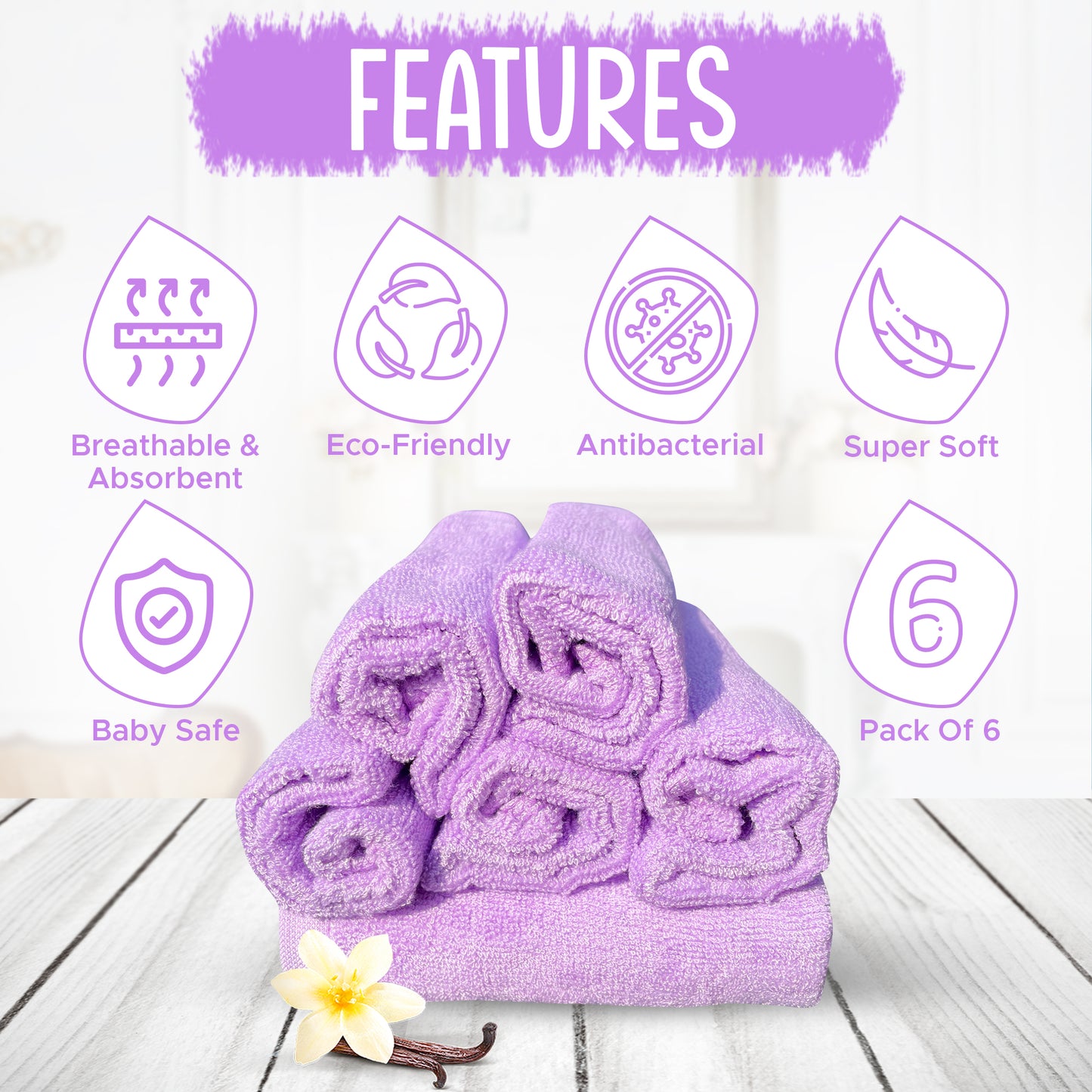 6 Premium Purple Bamboo Wash Cloths for Babies & Adults