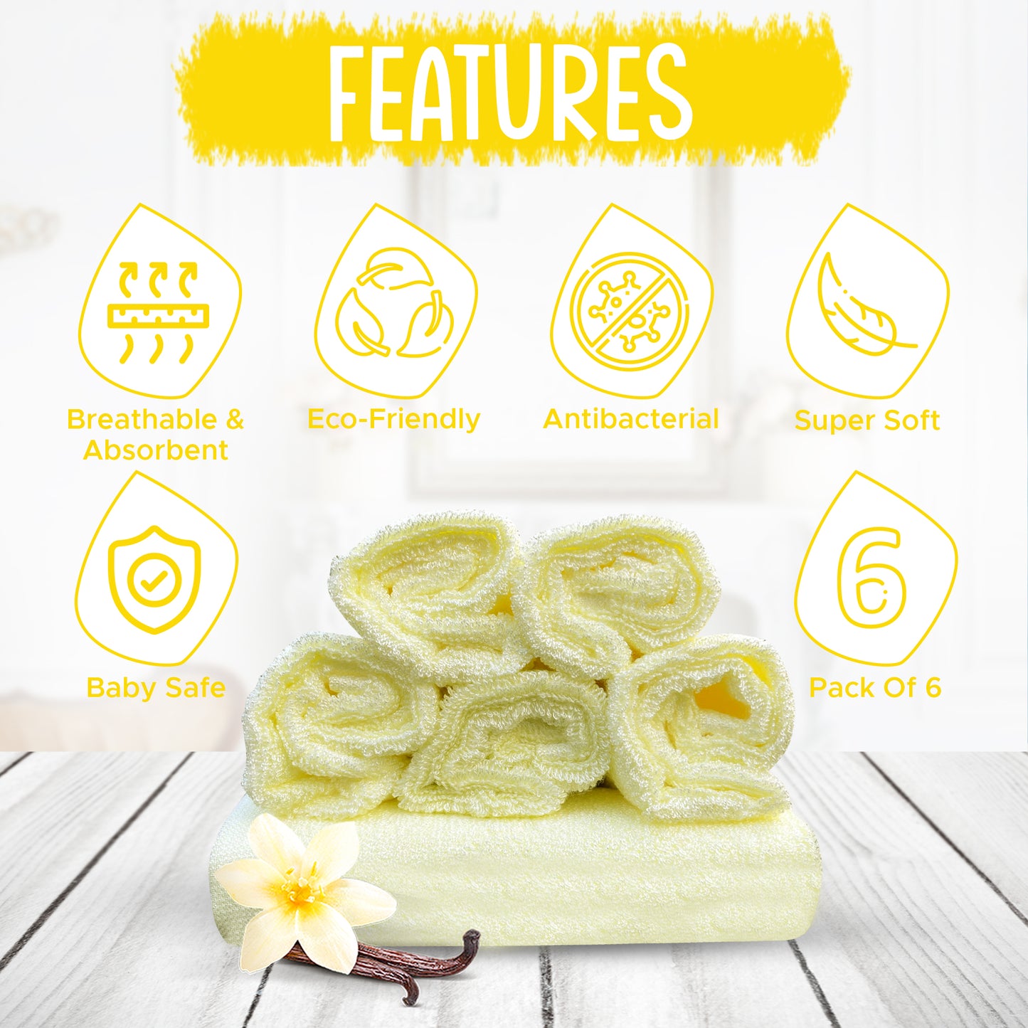 6 Premium Canary Yellow Bamboo Wash Cloths for Babies & Adults