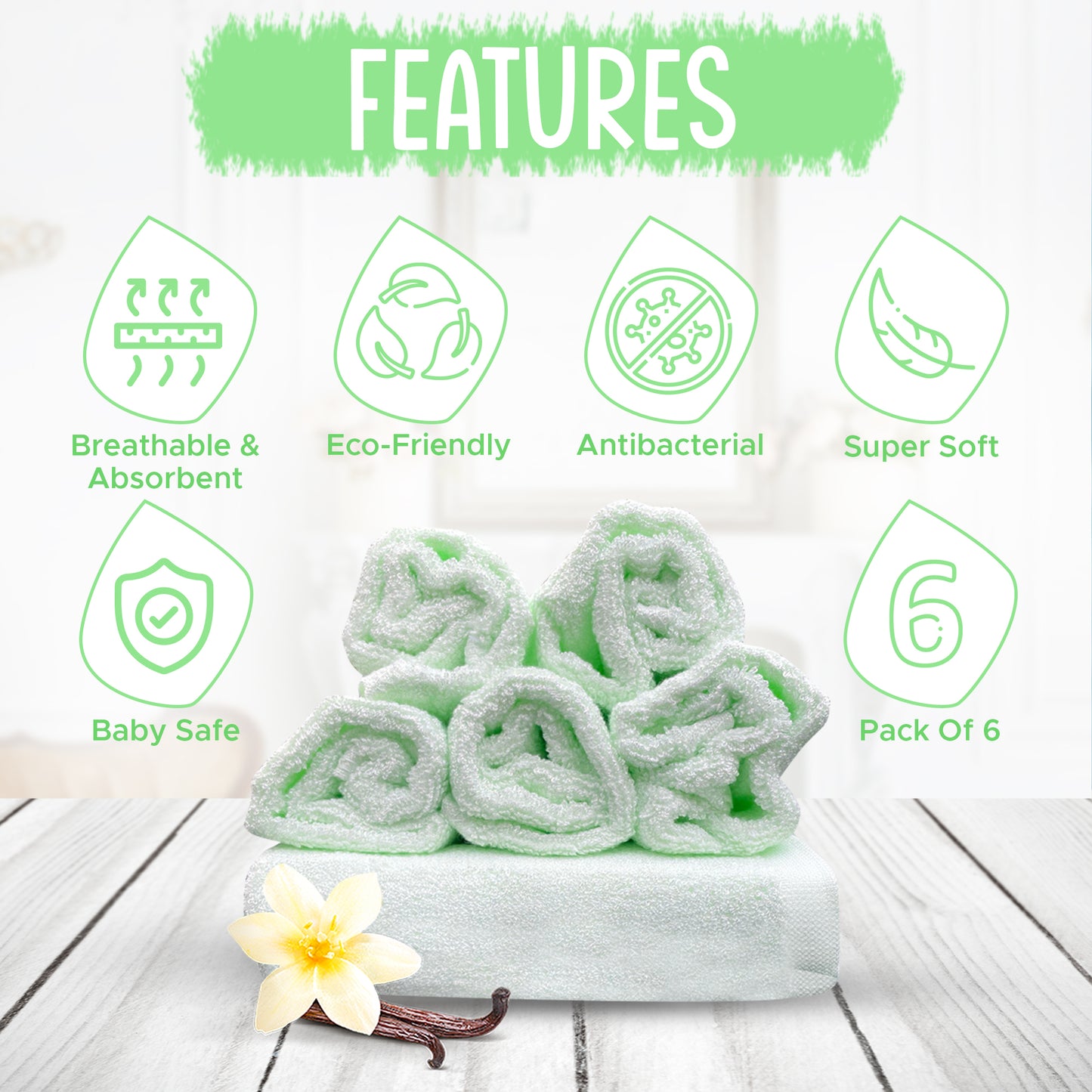 6 Premium Light Green Bamboo Wash Cloths for Babies & Adults